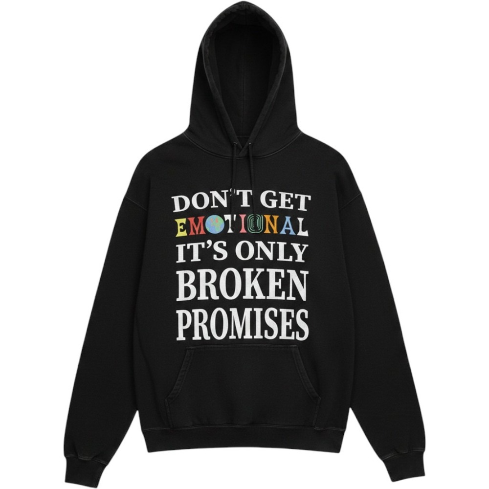Broken Promises Men's Hoodie XL Black Emotional Graphic Pullover Sweatshirt